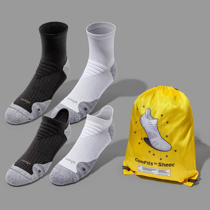 Sheec | MEN'S Comfits Compression Aqua-X Aerodri Quarter Crew & No Show Blister Tab Socks Bundle Pack 4 Pairs + Drawstring Bag