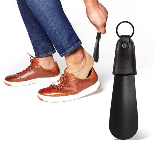 Travel Size Metal Shoe Horn with Faux Leather Handle & Keychain Ring - 6.5" (2 Color Options)