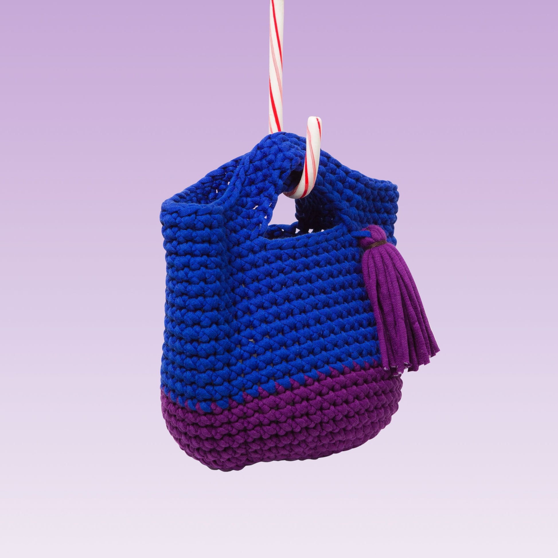 Hand-Knitted Tassel Shopper Bag (Royal Blue/ Deep Purple) back