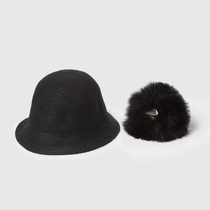 Pom Pom Wool Cloche Hat Black detachable pom pom