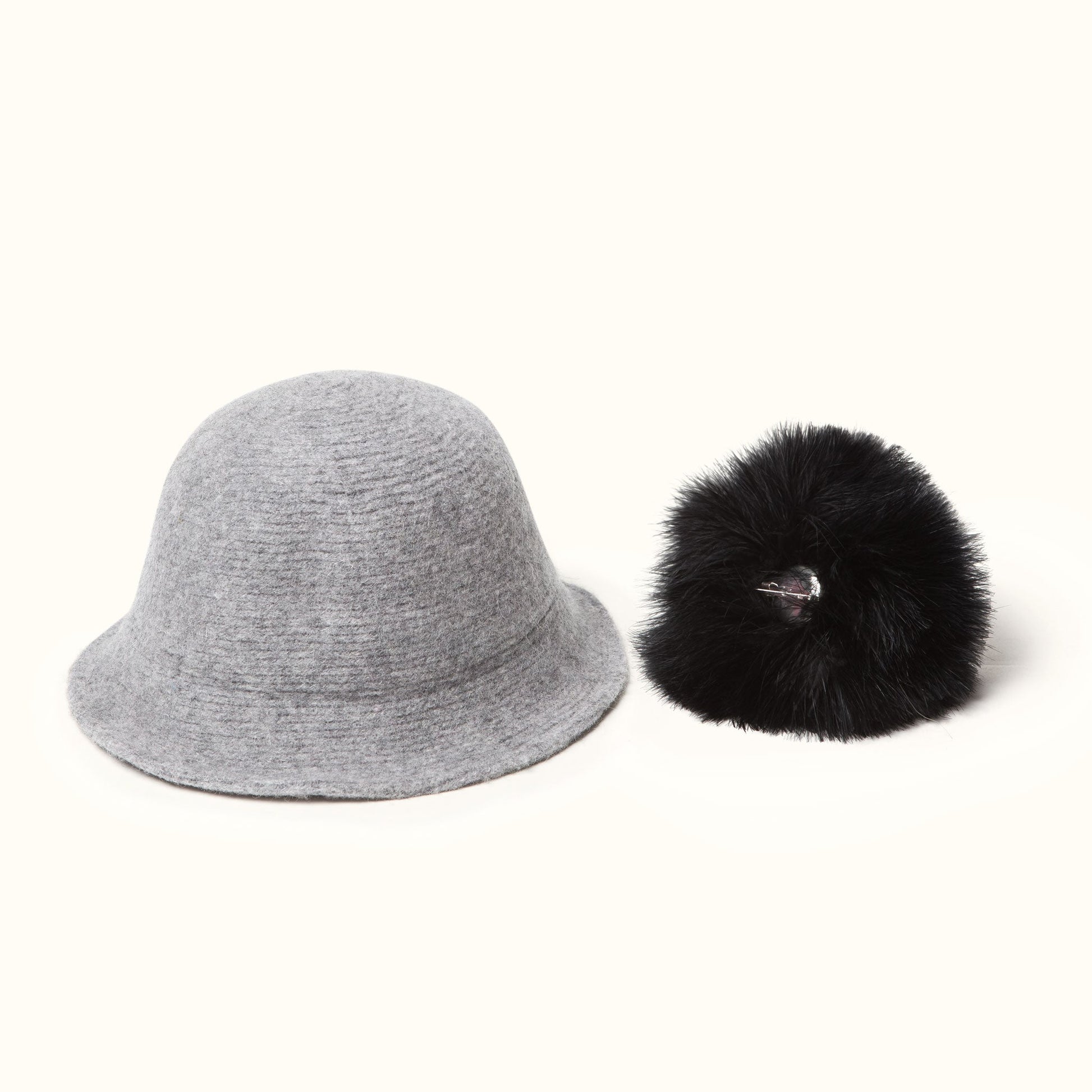 Pom Pom Wool Cloche Hat Gray detachable pom pom