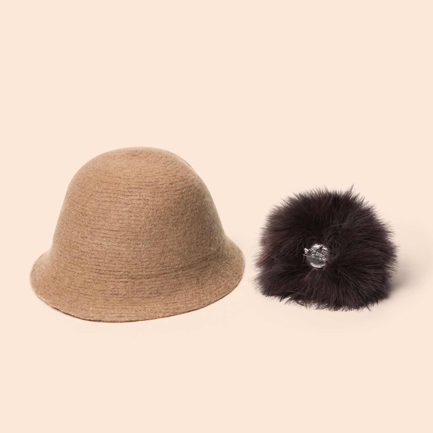 Pompom Wool Cloche Hat (Tan) detachable pom pom