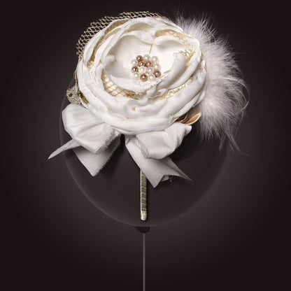 Melina's Bowtique Girl's Tiara Antoinette White and Gold Flower and Feather