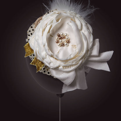 Melina's Bowtique Baby Girl's Headband Antoinette Gold and White Flower and Feathers Balloon