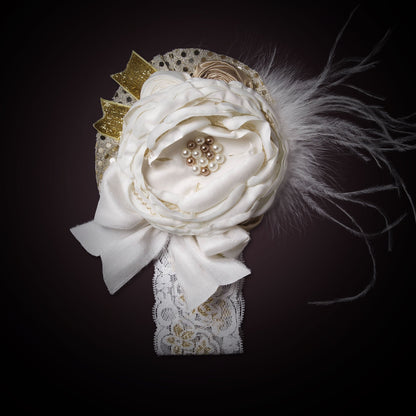 Melina's Bowtique Baby Girl's Headband Antoinette Gold and White Flower and Feathers