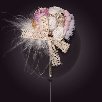 Melina's Bowtique Girl's Tiara Biscotti White, Pink and Gold Flower and Feather Balloon