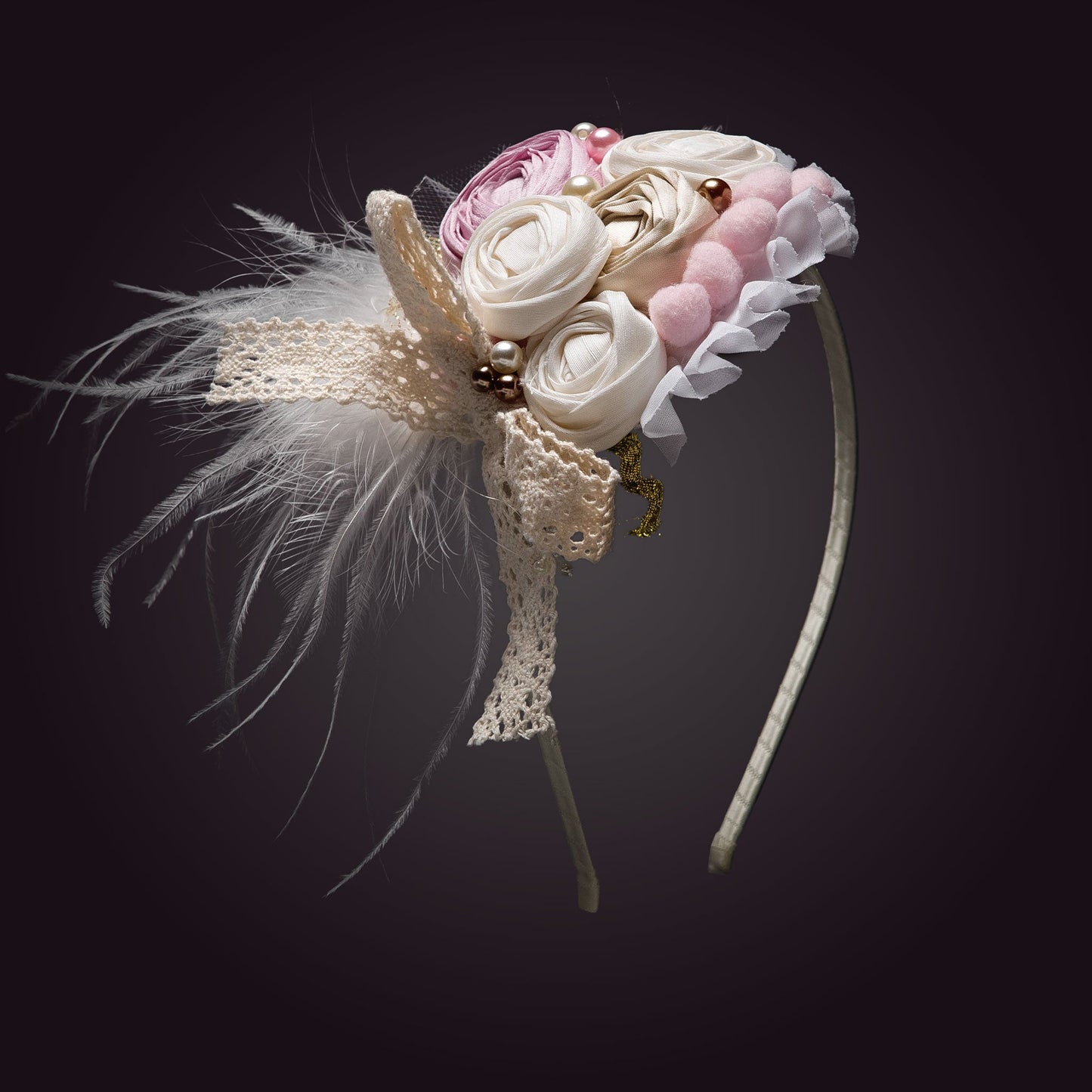 Melina's Bowtique Girl's Tiara Biscotti White, Pink and Gold Flower and Feather