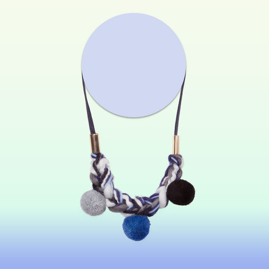 pom pom knit necklace for little girls blue black and grey