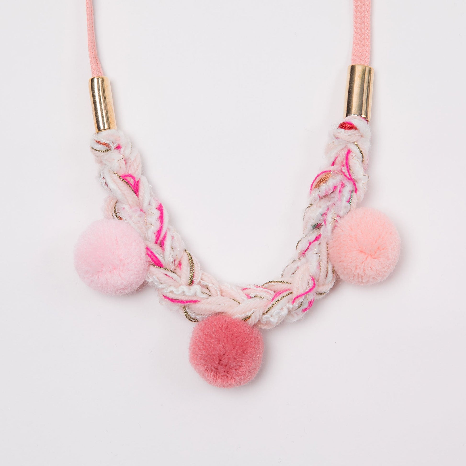 pom pom knit necklace for little girls pink and white detail