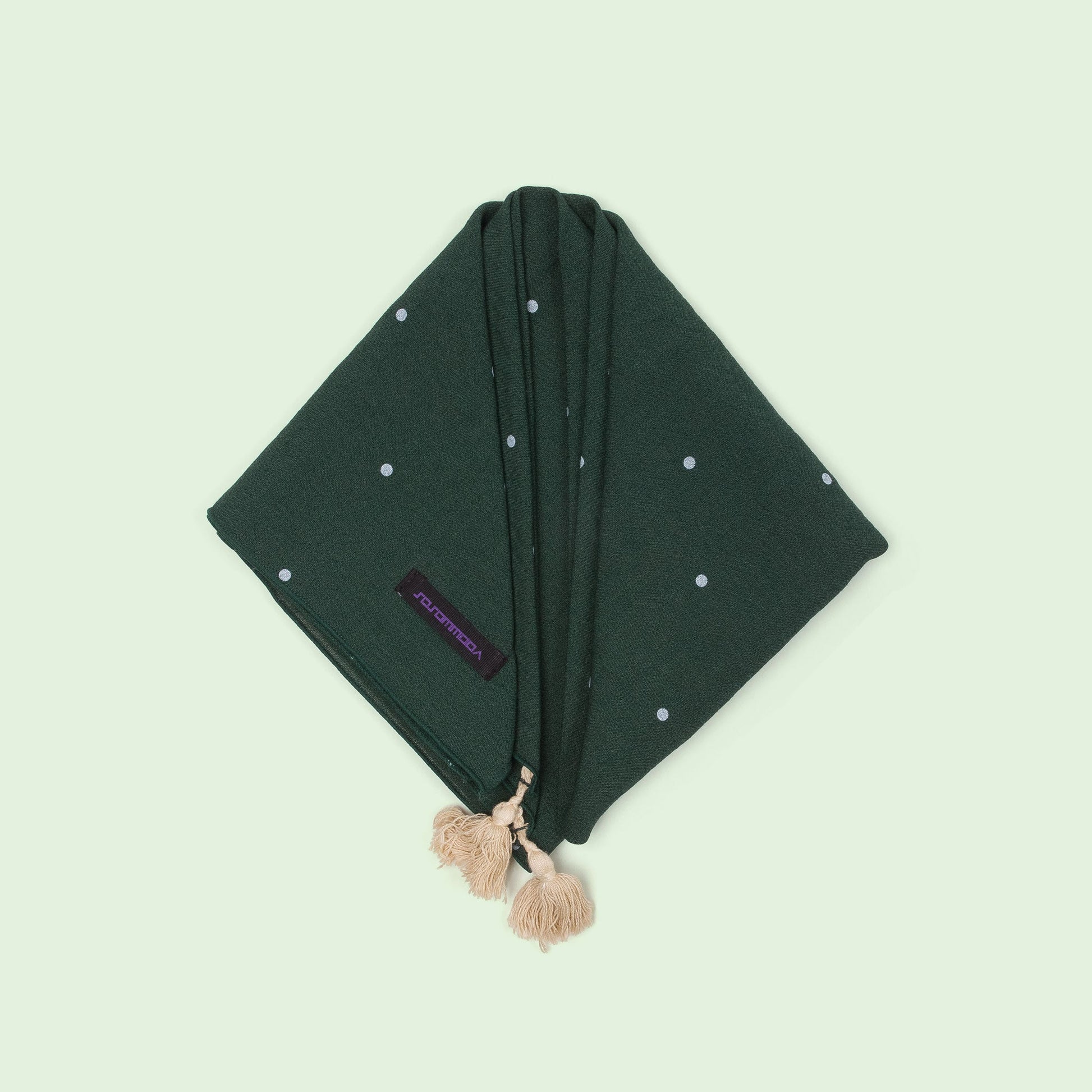 Vogue Dot Square Scarf with Tassels (Forest Green) top view